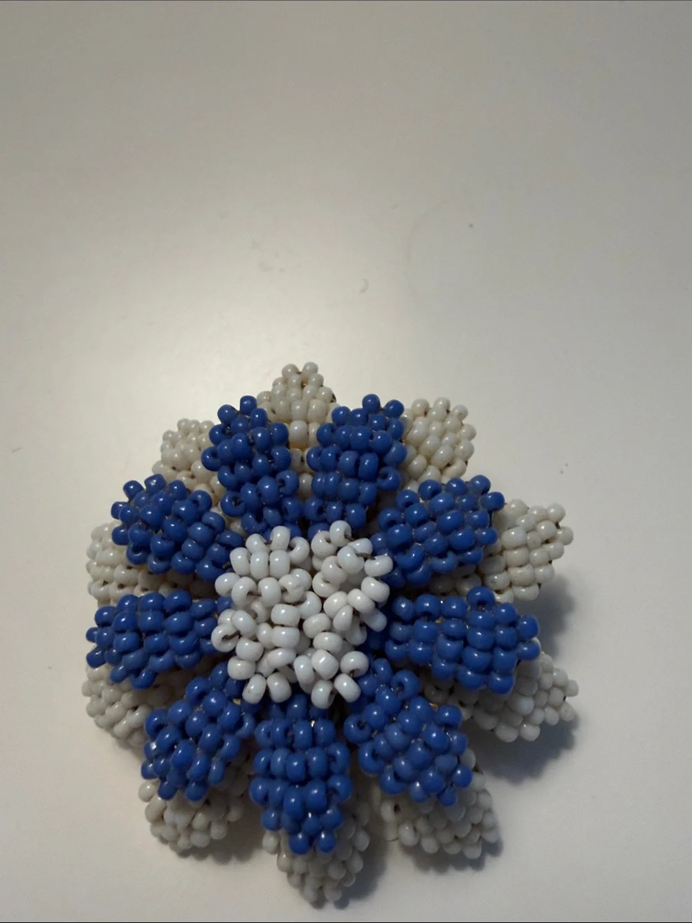 Handmade Blue and White Beaded Flower Brooch